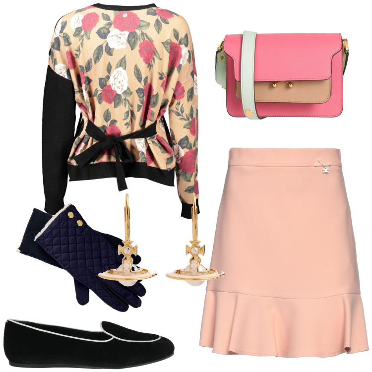 Outfit donna - Total look #2004255. Stile Casual per Tutti i giorni. Abbinamento con minigonne, mocassini, borse a tracolla, guanti, cardigans, orecchini.