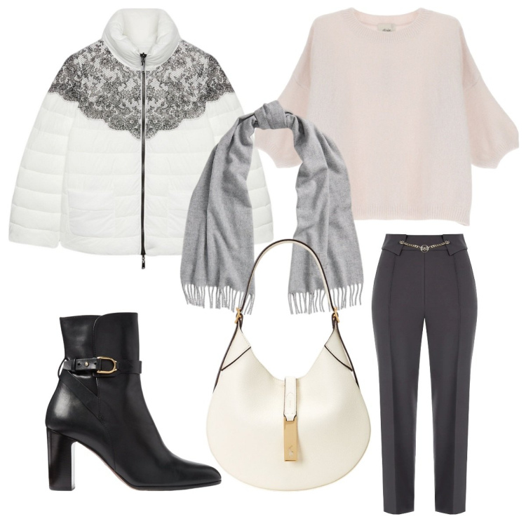 Outfit donna - Toni neutri. Stile Casual chic per Ufficio. Abbinamento con pantaloni, pullovers, sciarpe, stivaletti, borse a spalla, piumini.