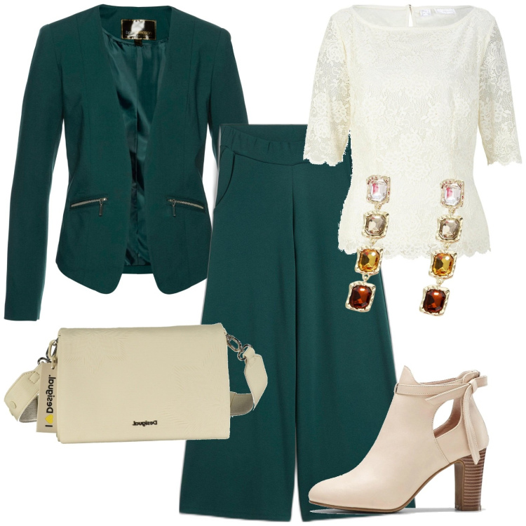 Outfit donna - Total look #2004263. Stile Casual chic per Tutti i giorni. Abbinamento con pantaloni culotte, blazer, stivaletti, bluse, orecchini, borse a spalla.