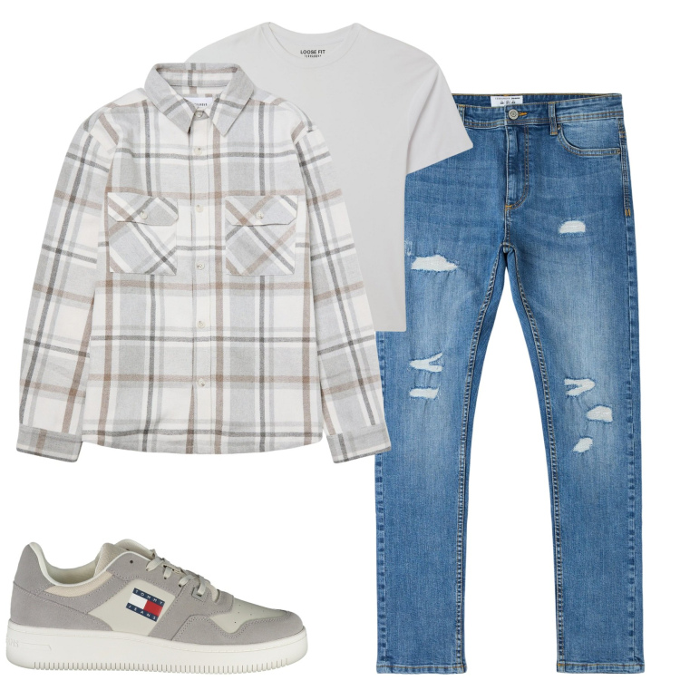Outfit uomo - Total look #2004265. Stile Casual per Tutti i giorni. Abbinamento con t-shirt, jeans strappati, cappotti, sneakers.