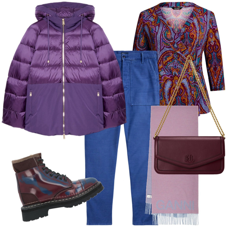 Outfit donna - Total look #2004279. Stile Casual per Tutti i giorni. Abbinamento con anfibi, pantaloni, top, borse a spalla, sciarpe, piumini.