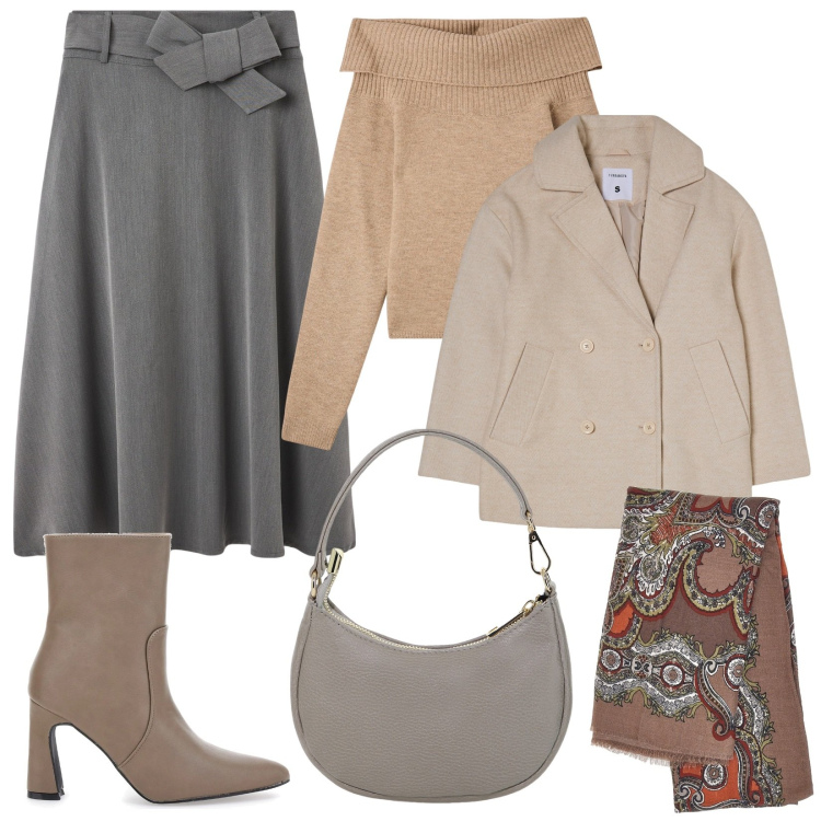 Outfit donna - Eleganza basic. Stile Basic per Tutti i giorni. Abbinamento con gonne lunghe, maglieria, caban, borse a spalla, stivaletti, foulard.