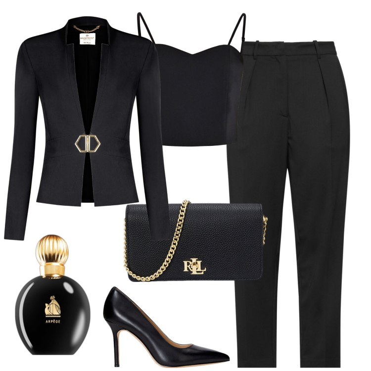 Outfit donna - Serata. Stile Chic per Serata fuori. Abbinamento con pantaloni, profumi, blazer, top, décolleté, borse a mano.