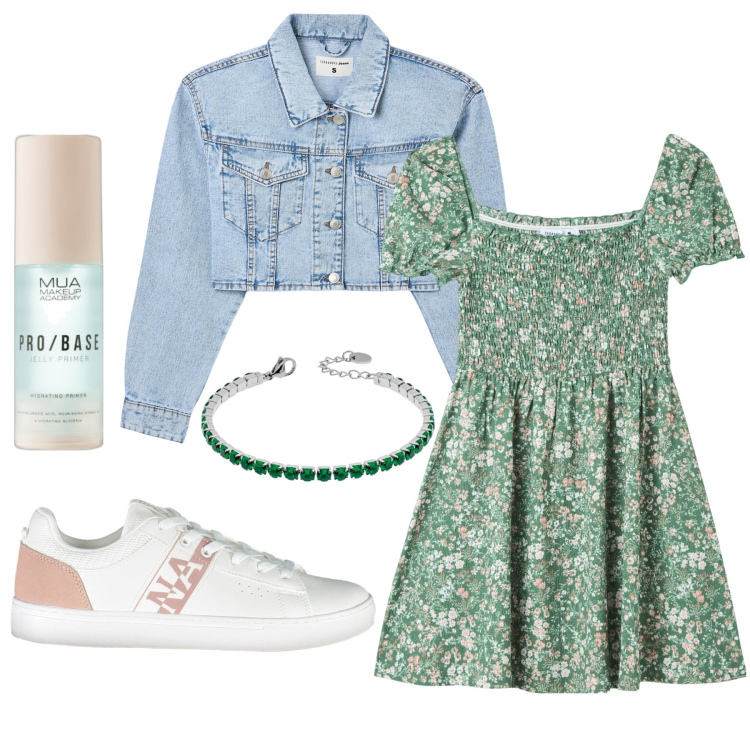 Outfit donna - Teen Spring Spirit. Stile Casual per Tutti i giorni. Abbinamento con primer, blazer, vestiti corti, braccialetti, sneakers.