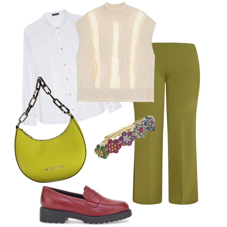 Outfit donna - Panta palazzo verde acido. Stile Casual chic per Tutti i giorni. Abbinamento con anelli, maglieria, pantaloni a palazzo, mocassini, camicie, borse a spalla.