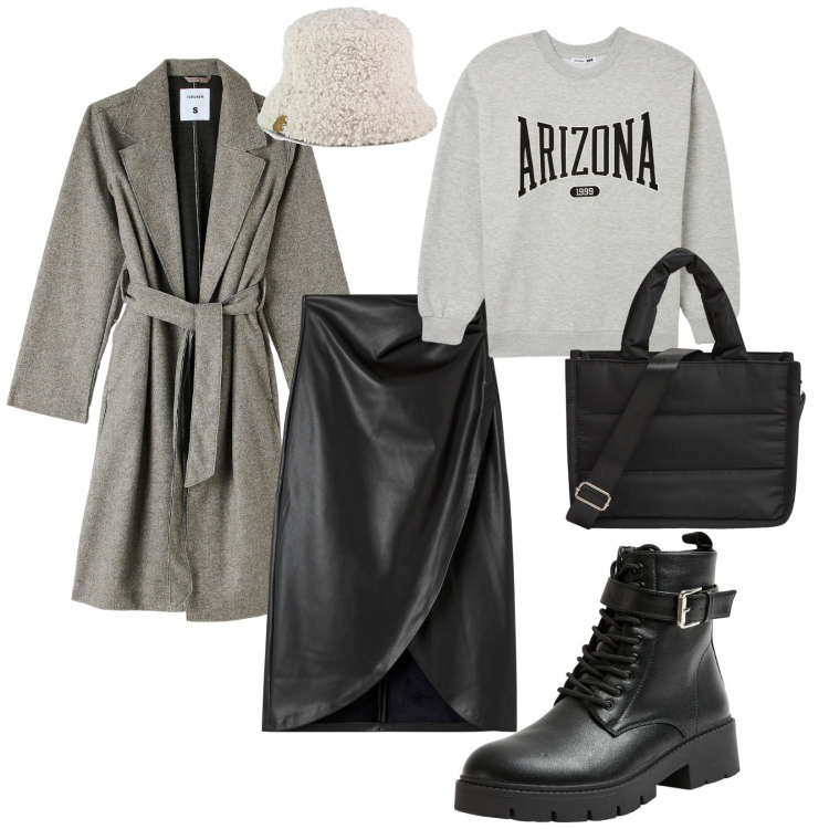 Outfit donna - Total look #2004298. Stile Casual per Tutti i giorni. Abbinamento con shopping bag, gonne, anfibi, felpe, cappotti, cappelli.