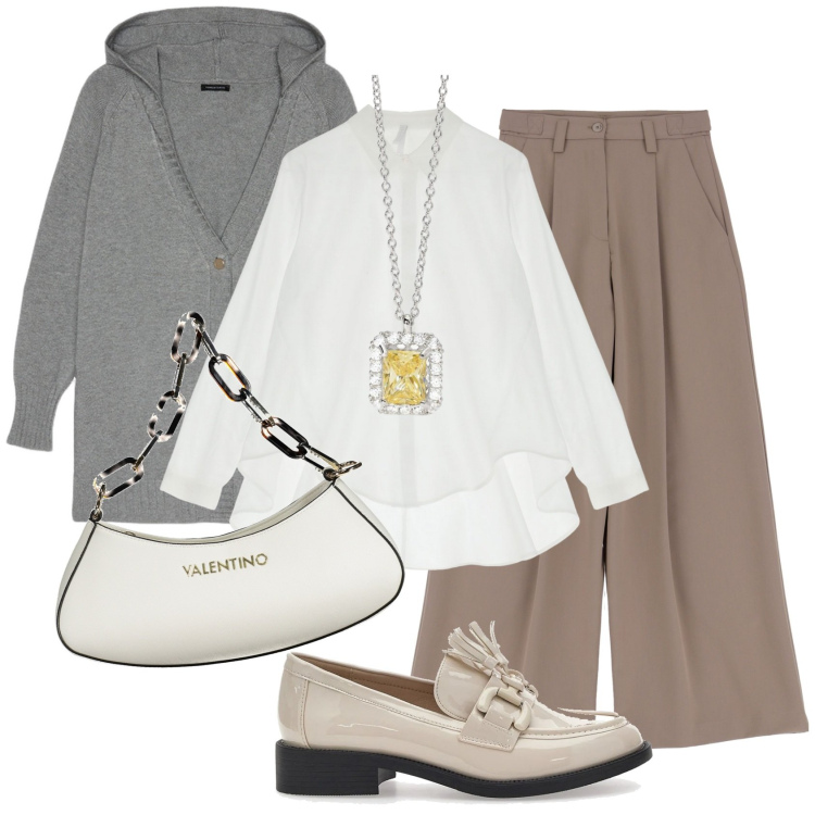 Outfit donna - Sfumature neutre. Stile Casual chic per Tutti i giorni. Abbinamento con collane, camicie, pantaloni a palazzo, mocassini, cardigans, borse a spalla.