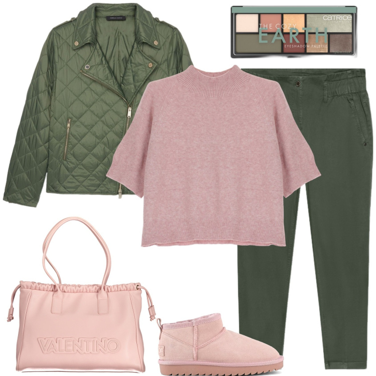 Outfit donna - Rosa & verde oliva. Stile Casual per Tutti i giorni. Abbinamento con ombretti, maglieria, pantaloni, piumini, stivali, borse a spalla.
