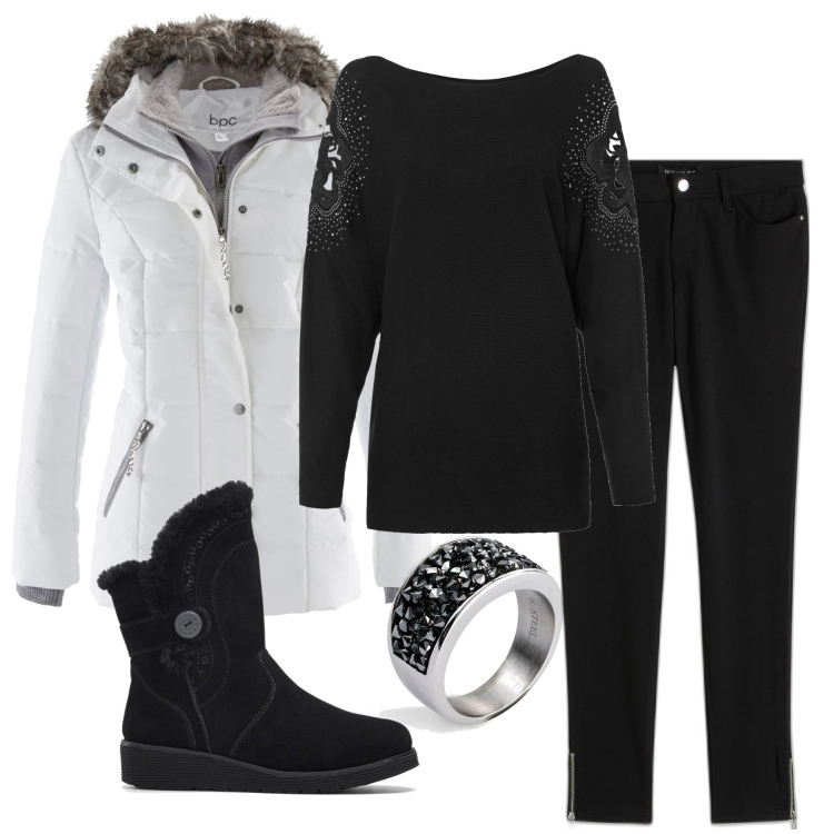 Outfit donna - Colori Invernali. Stile Casual per Tutti i giorni. Abbinamento con piumini, pantaloni, stivali, maglieria, anelli.