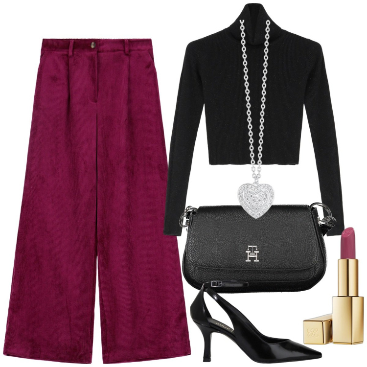 Outfit donna - Pantaloni palazzo sopra la 50. Stile Casual chic per Ufficio. Abbinamento con rossetti, collane, maglieria, décolleté, pantaloni a palazzo, borse a tracolla.