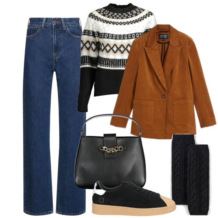 Outfit donna - Il blazer tabacco. Stile Basic per Tutti i giorni. Abbinamento con calzini, blazer, sneakers, maglieria, jeans dritti, borse a spalla.