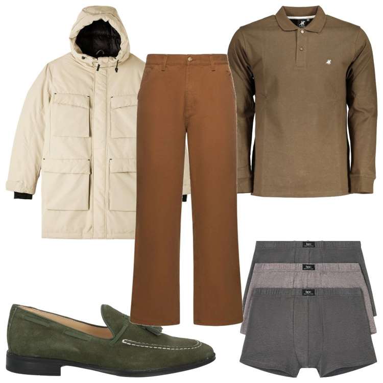 Outfit uomo - Total look #2004336. Stile Casual per Tutti i giorni. Abbinamento con boxer, scarpe stringate, parka, jeans, polo.