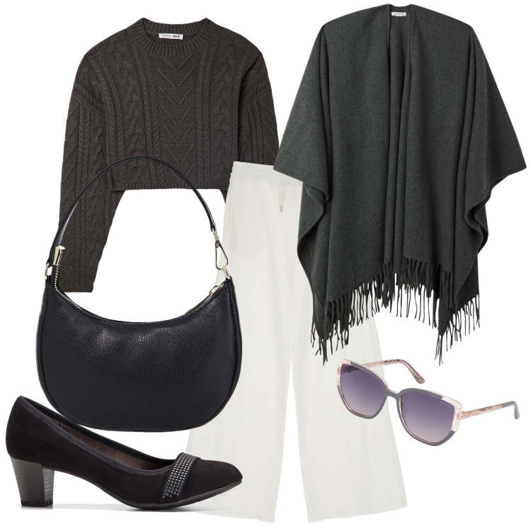 Outfit donna - Nero e un po’ di bianco. Stile Urban per Ufficio. Abbinamento con décolleté, cappe, maglieria, pantaloni a palazzo, borse a spalla, occhiali da sole.