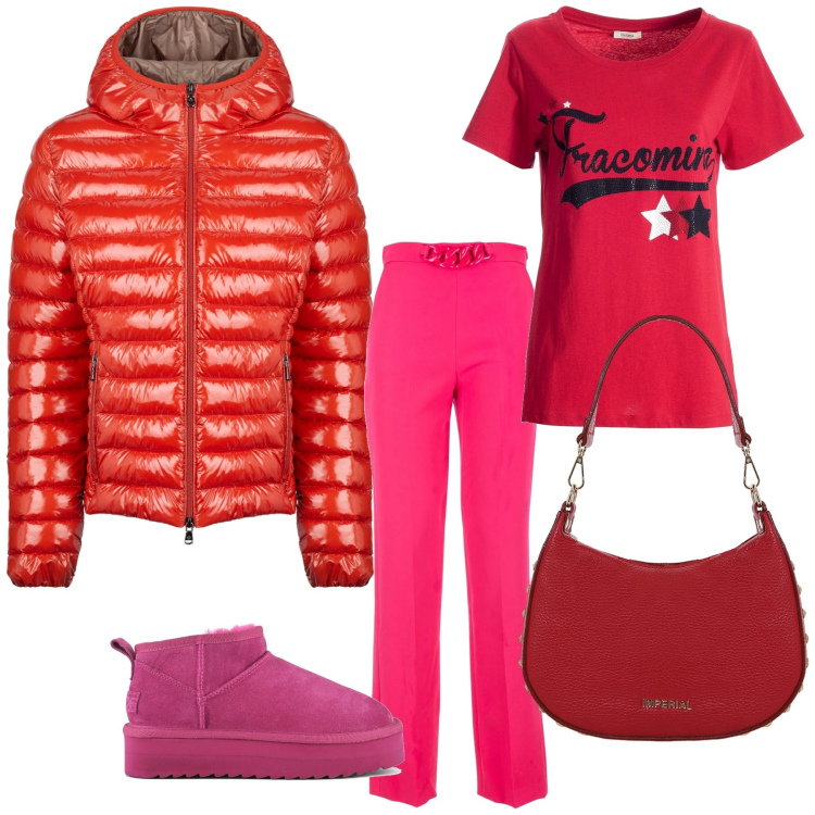 Outfit donna - Rosso e fuxia che combo. Stile Trendy per Tutti i giorni. Abbinamento con pantaloni a palazzo, t-shirt, borse a spalla, blazer, stivaletti.