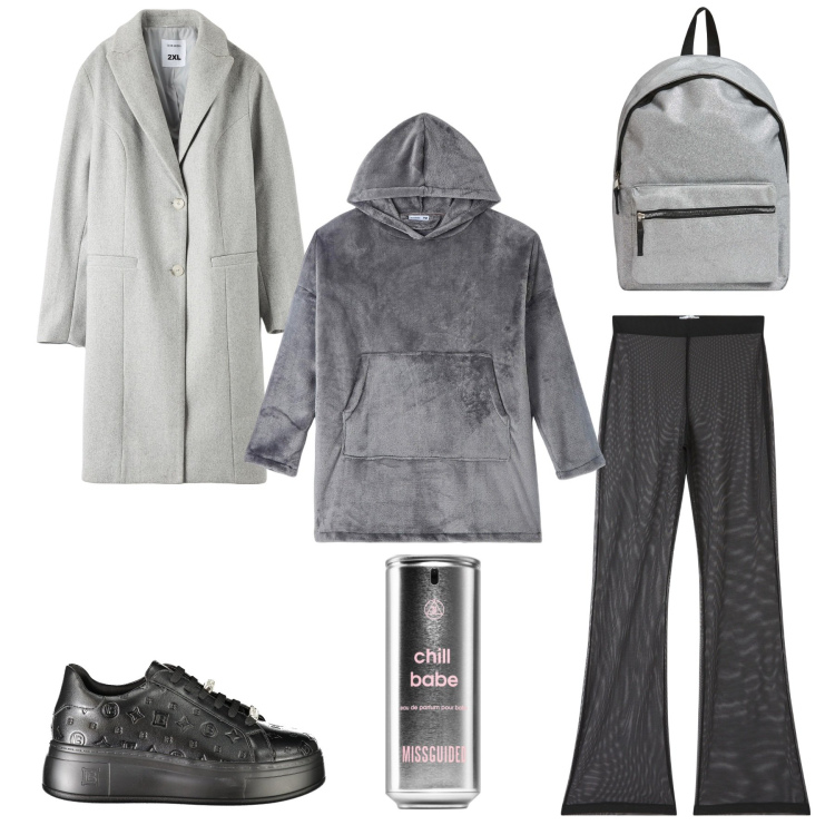 Outfit donna - In grigio. Stile Casual chic per Tutti i giorni. Abbinamento con profumi, pantaloni, cappotti, felpe con cappuccio, zaini, sneakers.