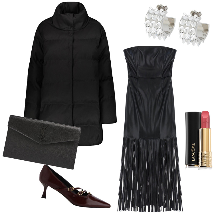Outfit donna - Il caban da sera. Stile Chic per Serata fuori. Abbinamento con orecchini, rossetti, vestiti midi/longuette, décolleté, cappotti, pochette.