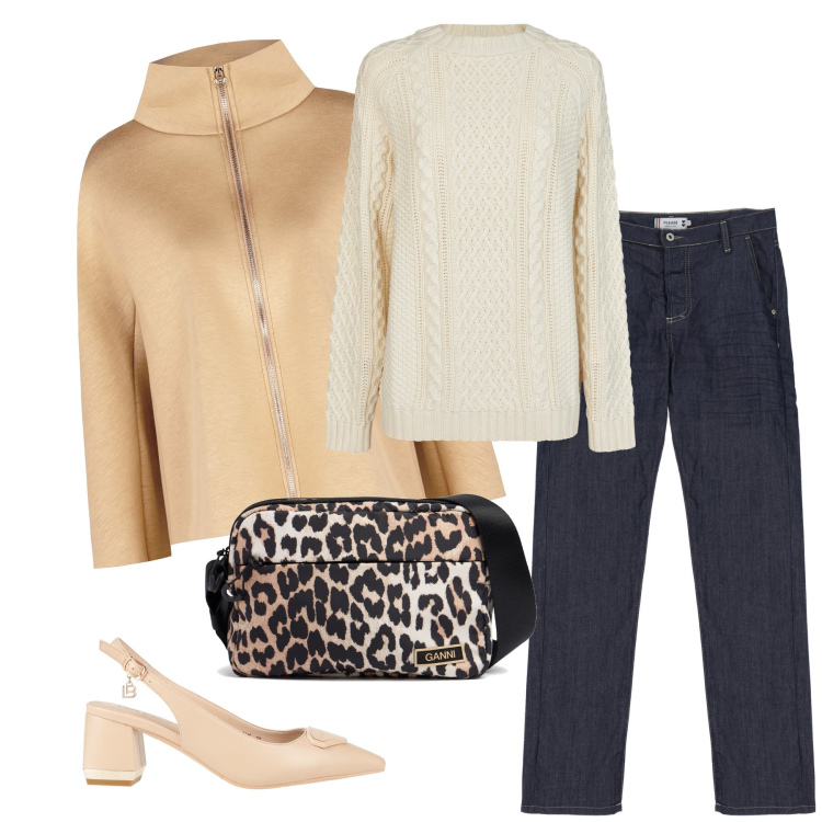 Outfit donna - Total look. Stile Urban per Tutti i giorni. Abbinamento con décolleté, cappe, jeans dritti, maglieria, borse a spalla.