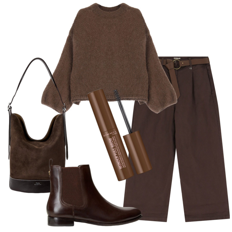 Outfit donna - Wonderful Brown. Stile Casual per Tutti i giorni. Abbinamento con mascara, pullovers, borse a secchiello, stivaletti chelsea, pantaloni chino.