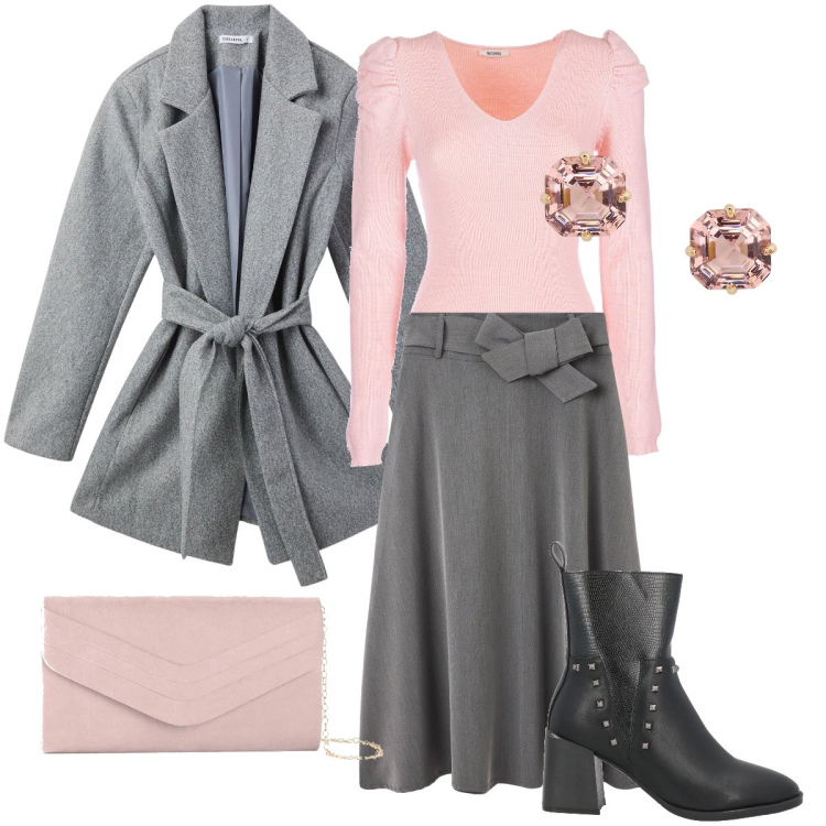 Outfit donna - Grigio e rosa. Stile Bon Ton per Ufficio. Abbinamento con pochette, stivaletti, gonne lunghe, cappotti, maglieria, orecchini.