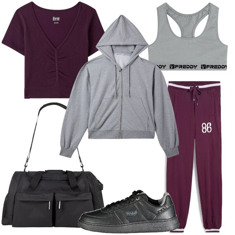 Outfit donna - Fitness a novembre. Stile Casual per Sport. Abbinamento con pantaloni sportivi, felpe con cappuccio, t-shirt sportive, borse sportive, top sportivi, sneakers.