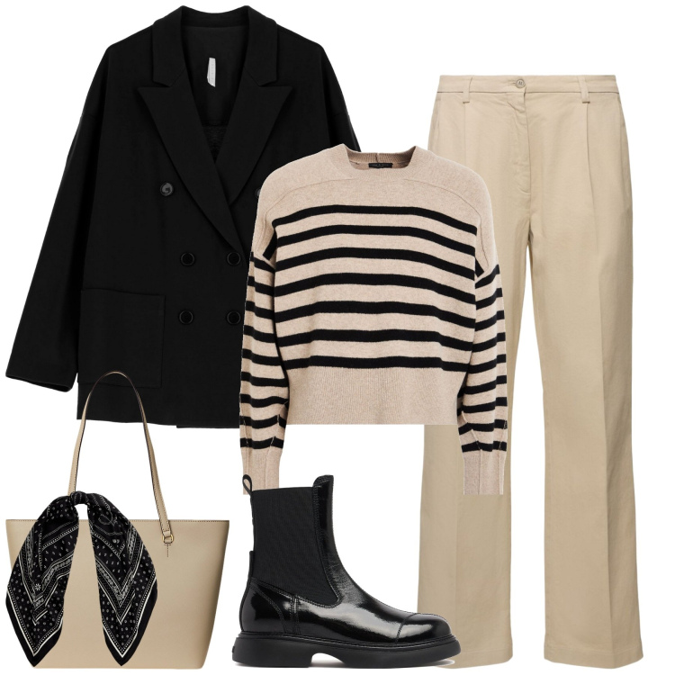 Outfit donna - City. Stile Casual chic per Tutti i giorni. Abbinamento con pullovers, blazer, borse tote, foulard, stivaletti chelsea, pantaloni.
