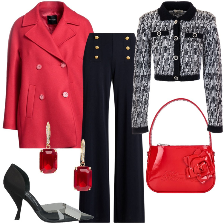 Outfit donna - Il caban color corallo. Stile Chic per Serata fuori. Abbinamento con caban, décolleté, cardigans, pantaloni, orecchini, borse a mano.