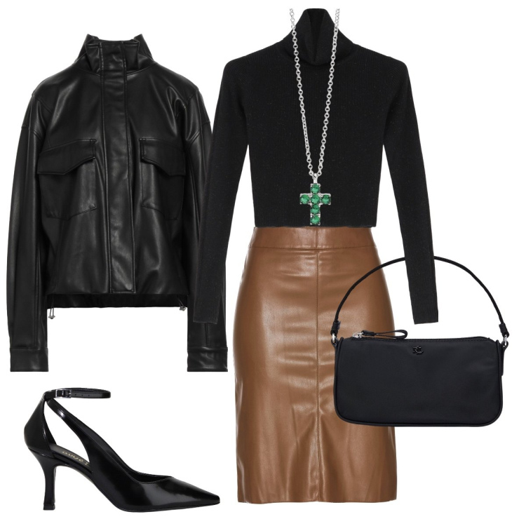 Outfit donna - Sexy rock. Stile Rock per Serata fuori. Abbinamento con gonne longuette, blazer, ciondoli, maglieria, décolleté, pochette.