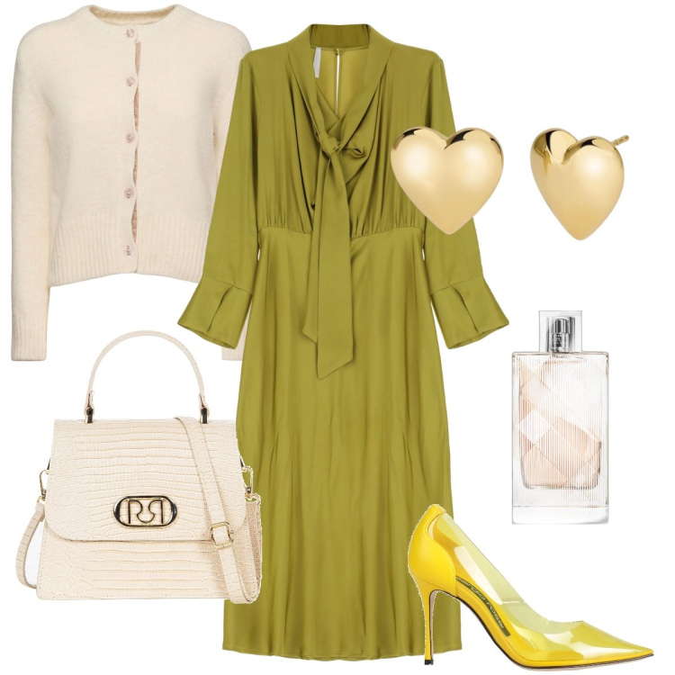 Outfit donna - Festa di compleanno. Stile Chic per Cerimonia. Abbinamento con décolleté, profumi, orecchini, borse a mano, vestiti midi/longuette, cardigans.