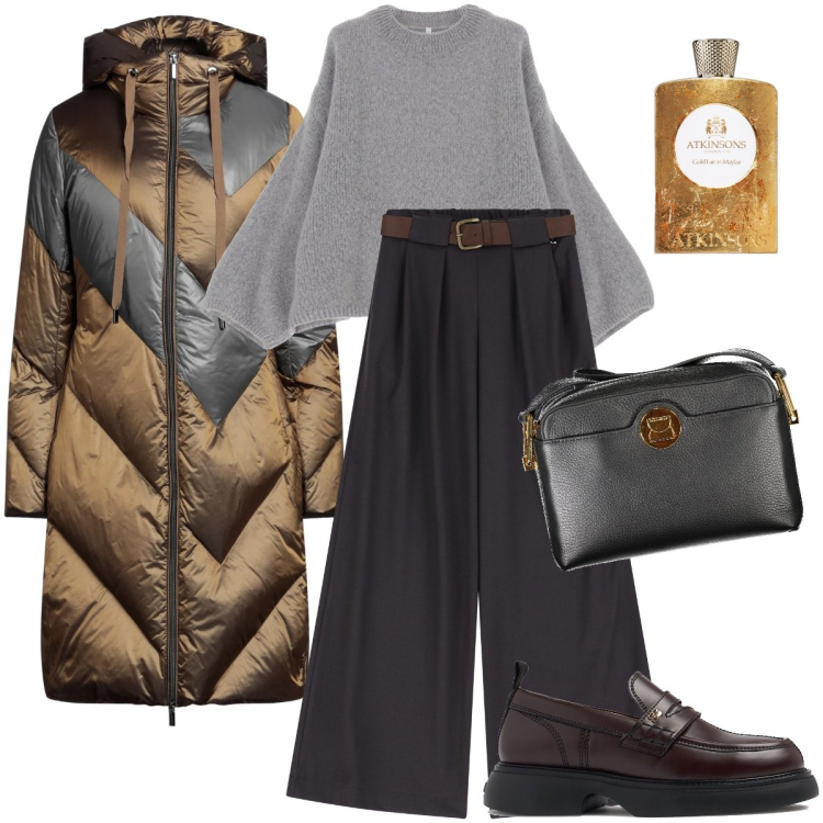 Outfit donna - Oggi per commissioni. Stile Urban per Tutti i giorni. Abbinamento con piumini, profumi, pullovers, pantaloni, mocassini, borse a tracolla.