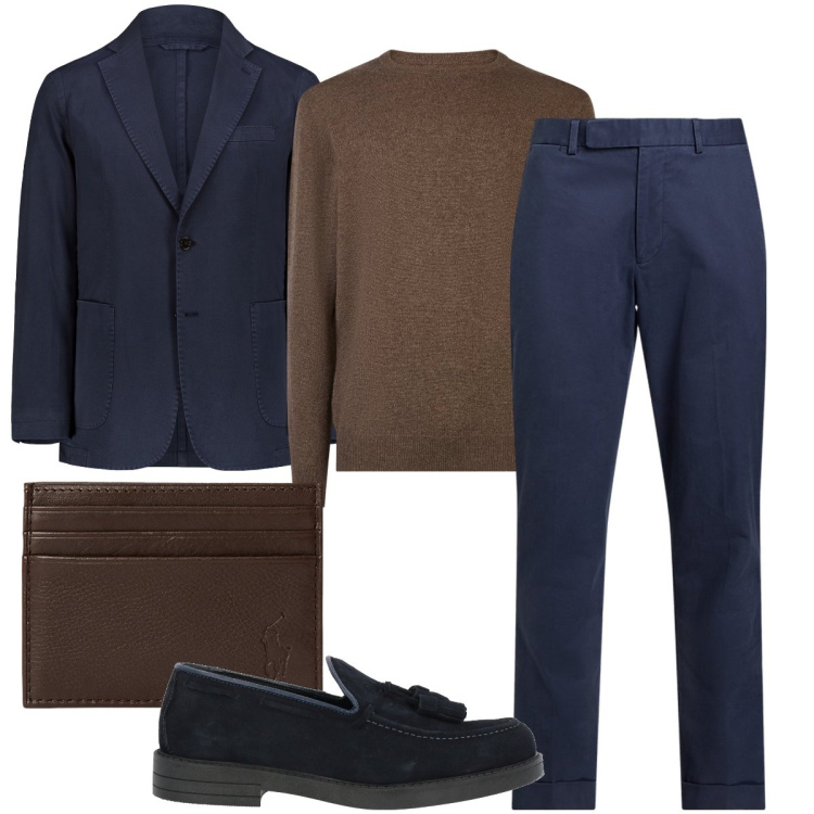 Outfit uomo - Minimal chic. Stile Business/Elegante per Cerimonia. Abbinamento con scarpe stringate, pantaloni chino, portafogli, maglieria, giacche.