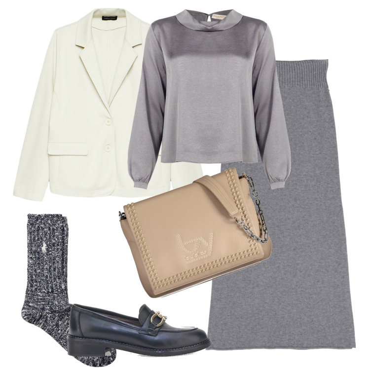 Outfit donna - Sfumature neutre. Stile Casual chic Abbinamento con bluse, gonne longuette, calzini, mocassini, blazer, borse a spalla.