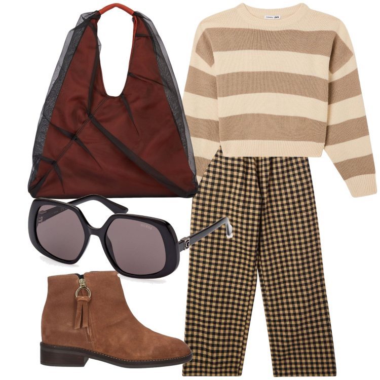 Outfit donna - Righe e quadretti del lunedì. Stile Trendy per Tutti i giorni. Abbinamento con stivaletti, pantaloni, maglieria, shopping bag, occhiali da sole.