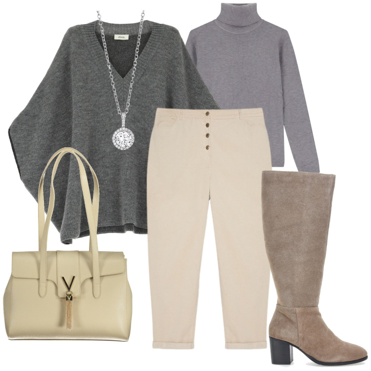 Outfit donna - Sfumature neutre. Stile Urban per Tutti i giorni. Abbinamento con collane, maglieria, cappotti, stivali, pantaloni, borse a spalla.