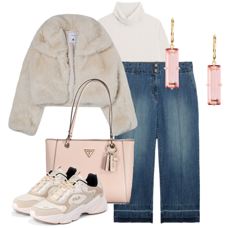 Outfit donna - Creamy shades. Stile Glamour per Tutti i giorni. Abbinamento con blazer, maglieria, orecchini, sneakers, jeans, borse a spalla.