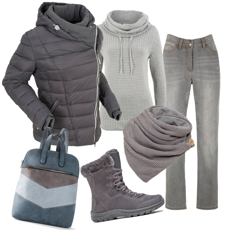 Outfit donna - Il freddo si fa sentire. Stile Urban per Tutti i giorni. Abbinamento con stivaletti, foulard, giacche, maglieria, zaini, jeans dritti.
