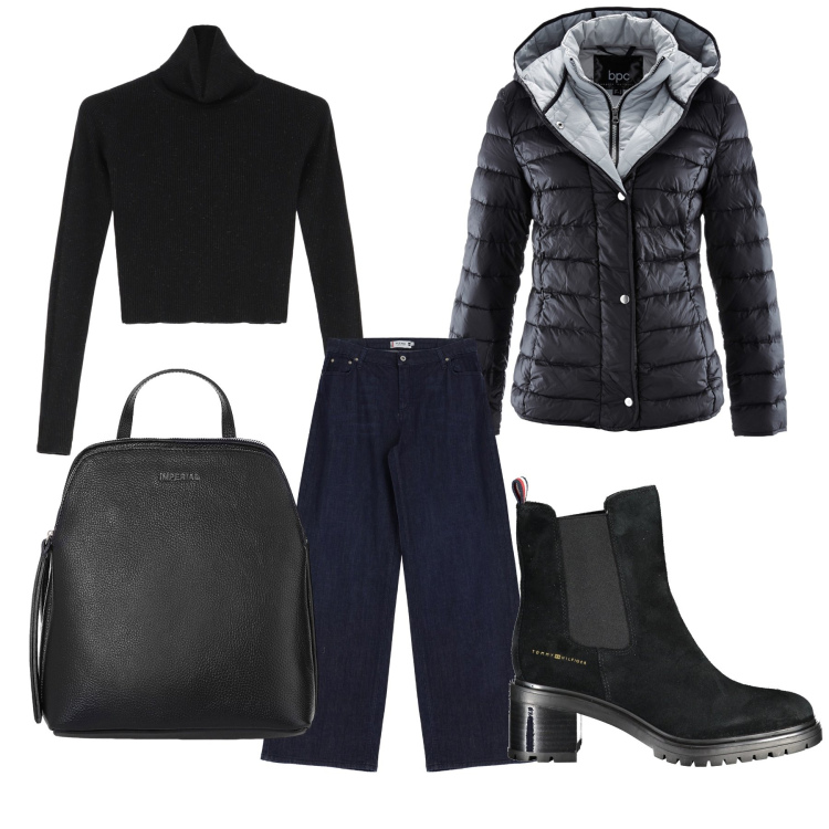 Outfit donna - Al supermercato. Stile Basic per Tutti i giorni. Abbinamento con piumini, jeans, maglieria, zaini, stivaletti.