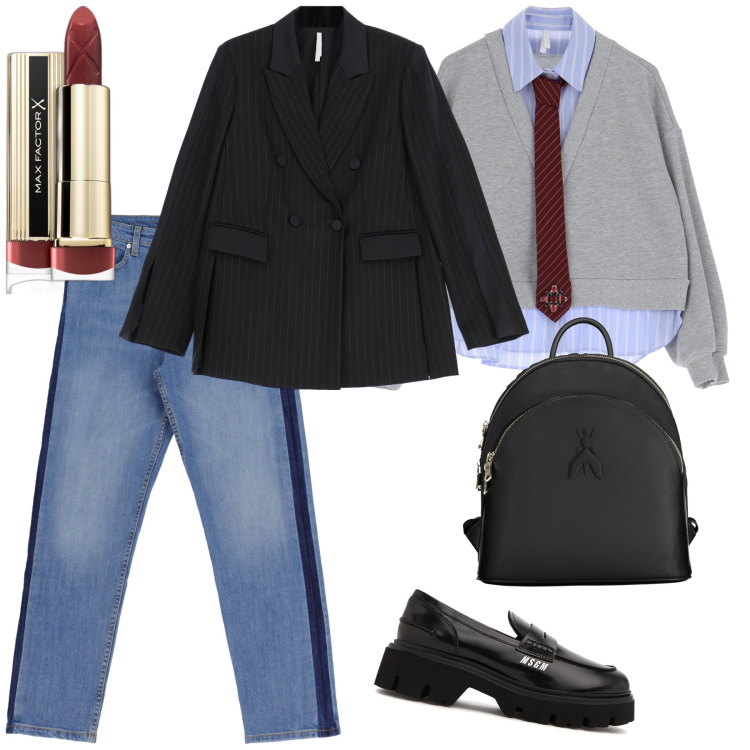 Outfit donna - Come lui ma col lipstick. Stile Mannish per Ufficio. Abbinamento con rossetti, felpe, blazer, jeans dritti, zaini, mocassini.