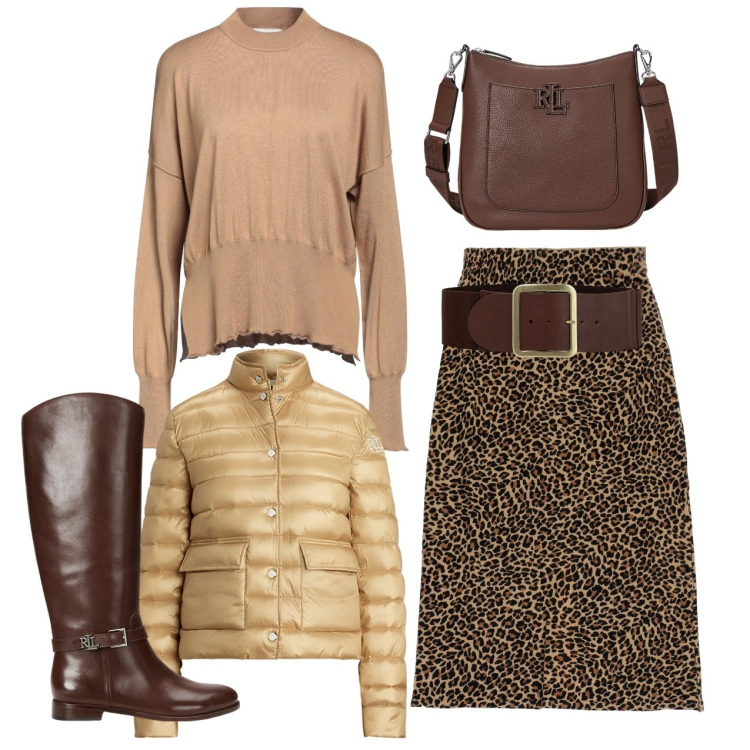Outfit donna - Animalier di novembre. Stile Chic per Tutti i giorni. Abbinamento con pullovers, gonne lunghe, cinture, borse a tracolla, piumini, stivali.