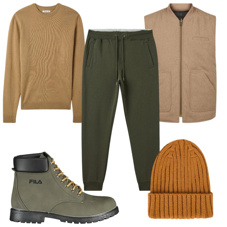 Outfit uomo - Total look #2004476. Stile Casual per Tutti i giorni. Abbinamento con pantaloni, maglieria, berretti, stivali, piumini.