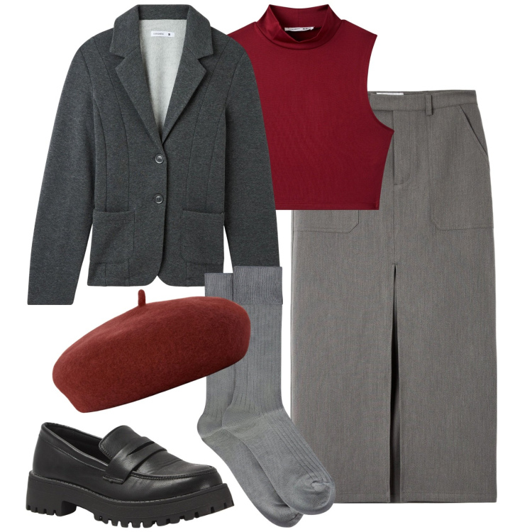 Outfit donna - Grigio e burgundy. Stile Glamour per Tutti i giorni. Abbinamento con gonne lunghe, blazer, mocassini, top, cappelli e berretti, calzini.