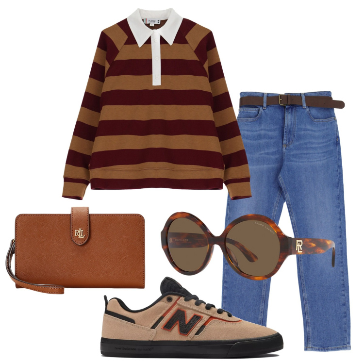Outfit donna - Autunno preppy. Stile Preppy per Scuola/Università. Abbinamento con sneakers, felpe, jeans dritti, pochette, occhiali da sole.