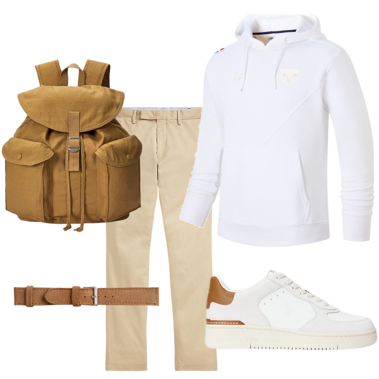 Outfit uomo - Minimal. Stile Trendy per Tutti i giorni. Abbinamento con felpe con cappuccio, pantaloni chino, sneakers, orologi, borse sportive.