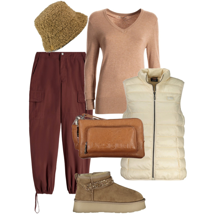Outfit donna - Accessori chiave. Stile Basic per Tutti i giorni. Abbinamento con maglieria, pantaloni cargo, stivali, borse a tracolla, blazer, cappelli.