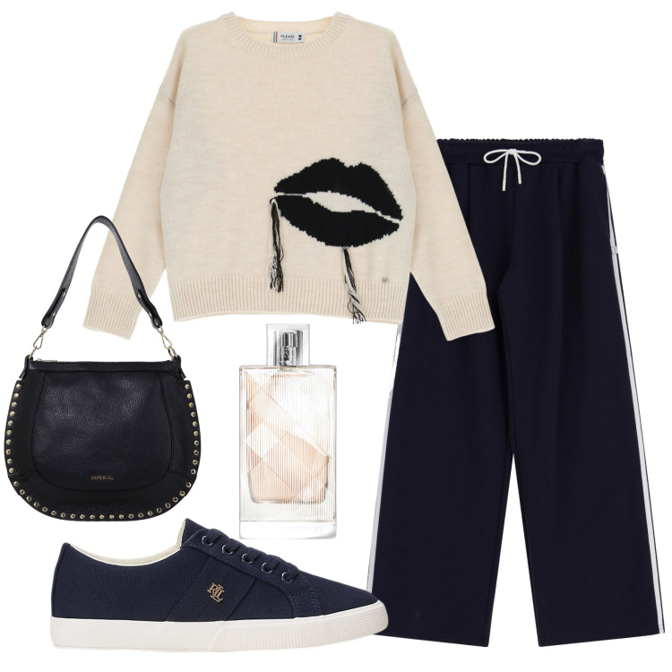Outfit donna - Brit for her. Stile Casual per Tutti i giorni. Abbinamento con profumi, maglieria, pantaloni sportivi, borse a spalla, scarpe sportive.