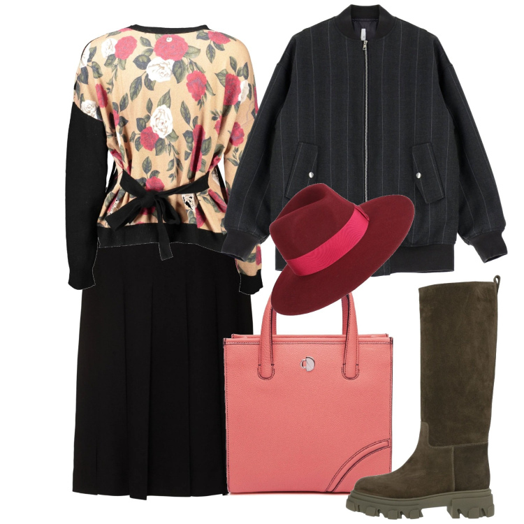 Outfit donna - Novembre a tesa larga. Stile Trendy per Tutti i giorni. Abbinamento con cappelli, stivali, bomber, cardigans, shopping bag, gonne longuette.