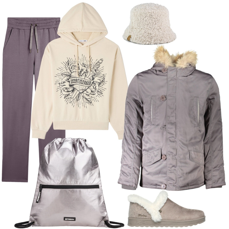 Outfit donna - Toni neutri per la gita in montagna. Stile Casual per Tutti i giorni. Abbinamento con felpe con cappuccio, pantaloni, zaini, stivaletti, blazer, cappelli.