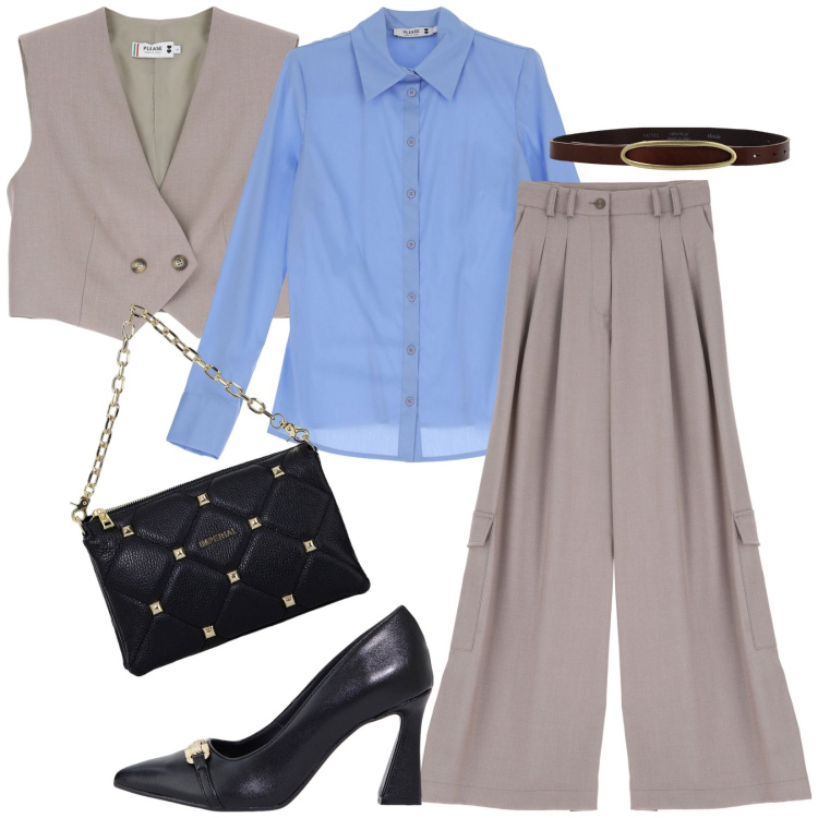 Outfit donna - Total look #2004504. Stile Casual chic per Serata fuori. look ideale per Tall. Abbinamento con camicie, pantaloni cargo, gilet, stivaletti, borse a spalla, cinture.