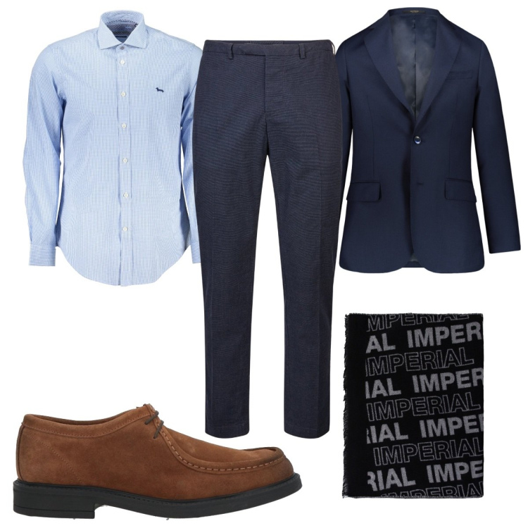 Outfit uomo - Serata chic in blu. Stile Business/Elegante per Serata speciale. Abbinamento con scarpe stringate, sciarpe, pantaloni, giacche, camicie.