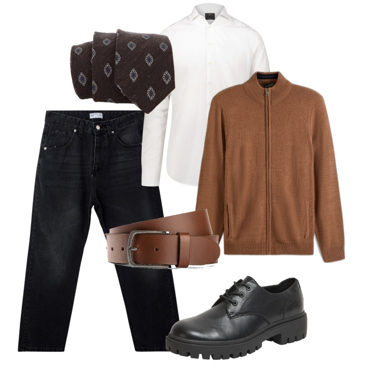 Outfit uomo - Cravatta e cardigan. Stile Trendy per Serata speciale. Abbinamento con cinture, cardigans, scarpe stringate, jeans, cravatte, camicie.