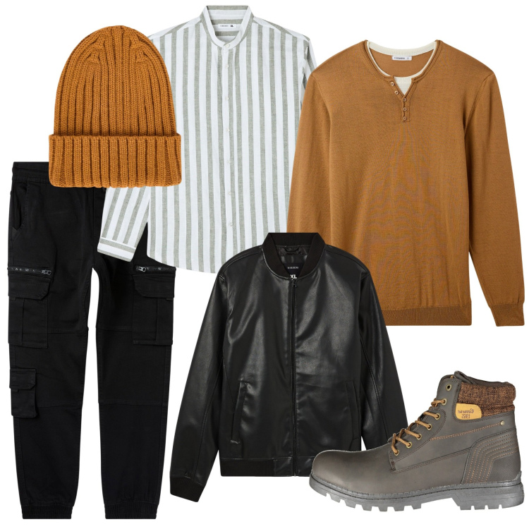 Outfit uomo - Layering. Stile Casual per Tutti i giorni. Abbinamento con camicie, maglieria, pantaloni cargo, bomber, stivali, berretti.